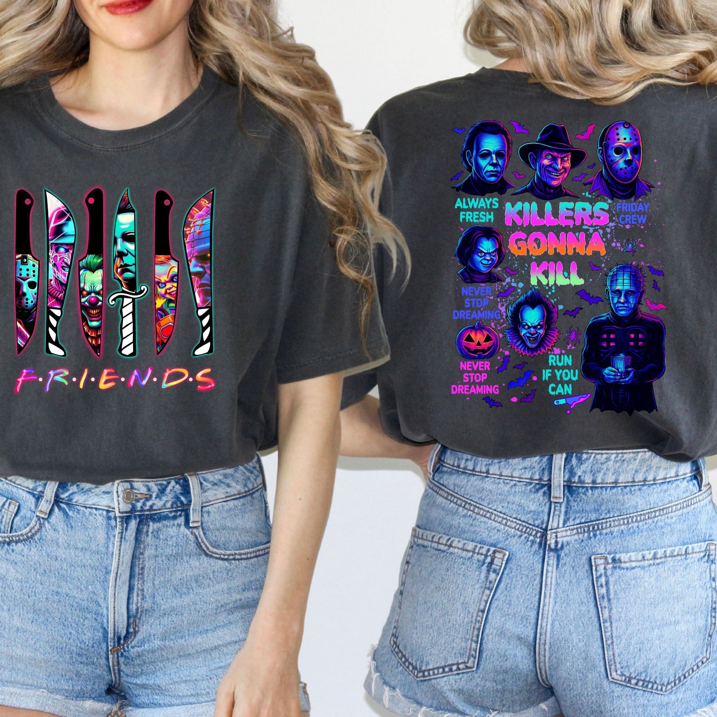 Halloween Spooky Neon T-Shirt, Horror Friends shirt, Halloween Horror Characters T-Shirt, Horror Movies  shirt, Scary Movies shirt