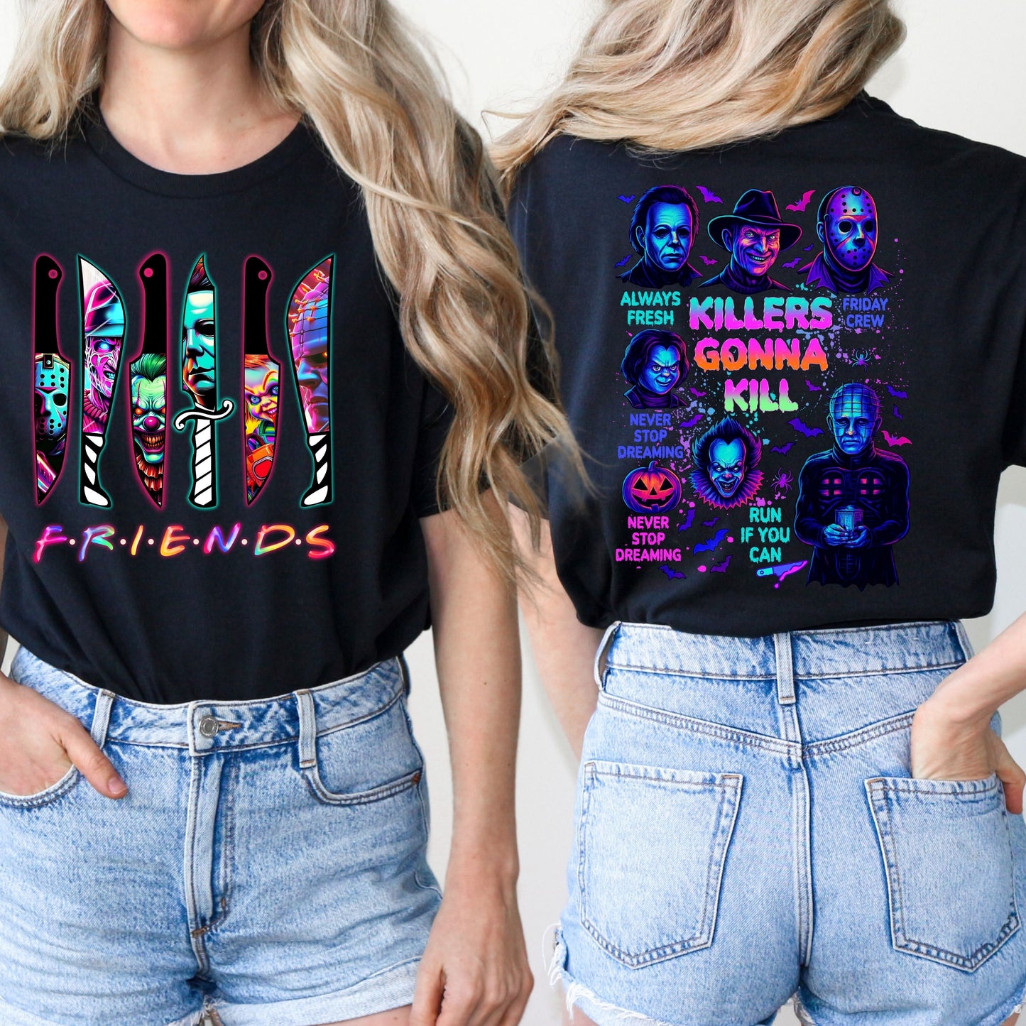 Halloween Spooky Neon T-Shirt, Horror Friends shirt, Halloween Horror Characters T-Shirt, Horror Movies  shirt, Scary Movies shirt