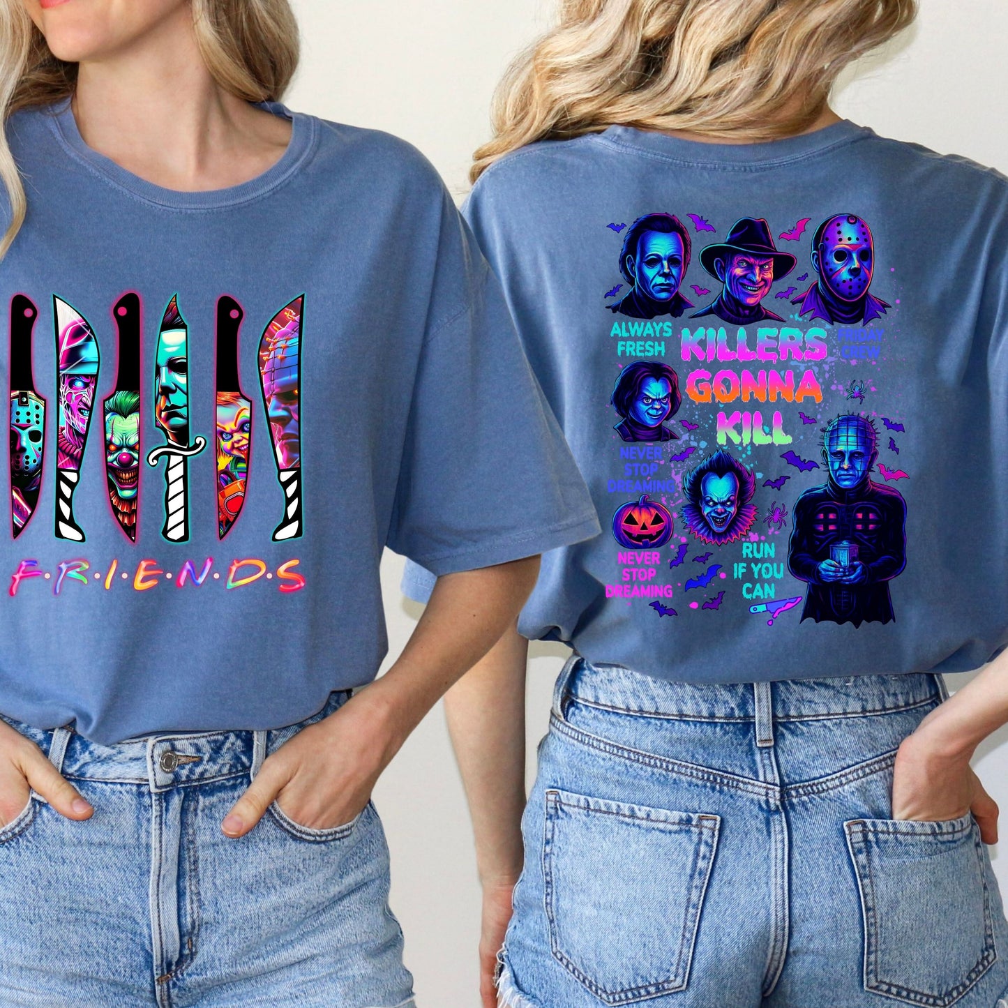 Halloween Spooky Neon T-Shirt, Horror Friends shirt, Halloween Horror Characters T-Shirt, Horror Movies  shirt, Scary Movies shirt