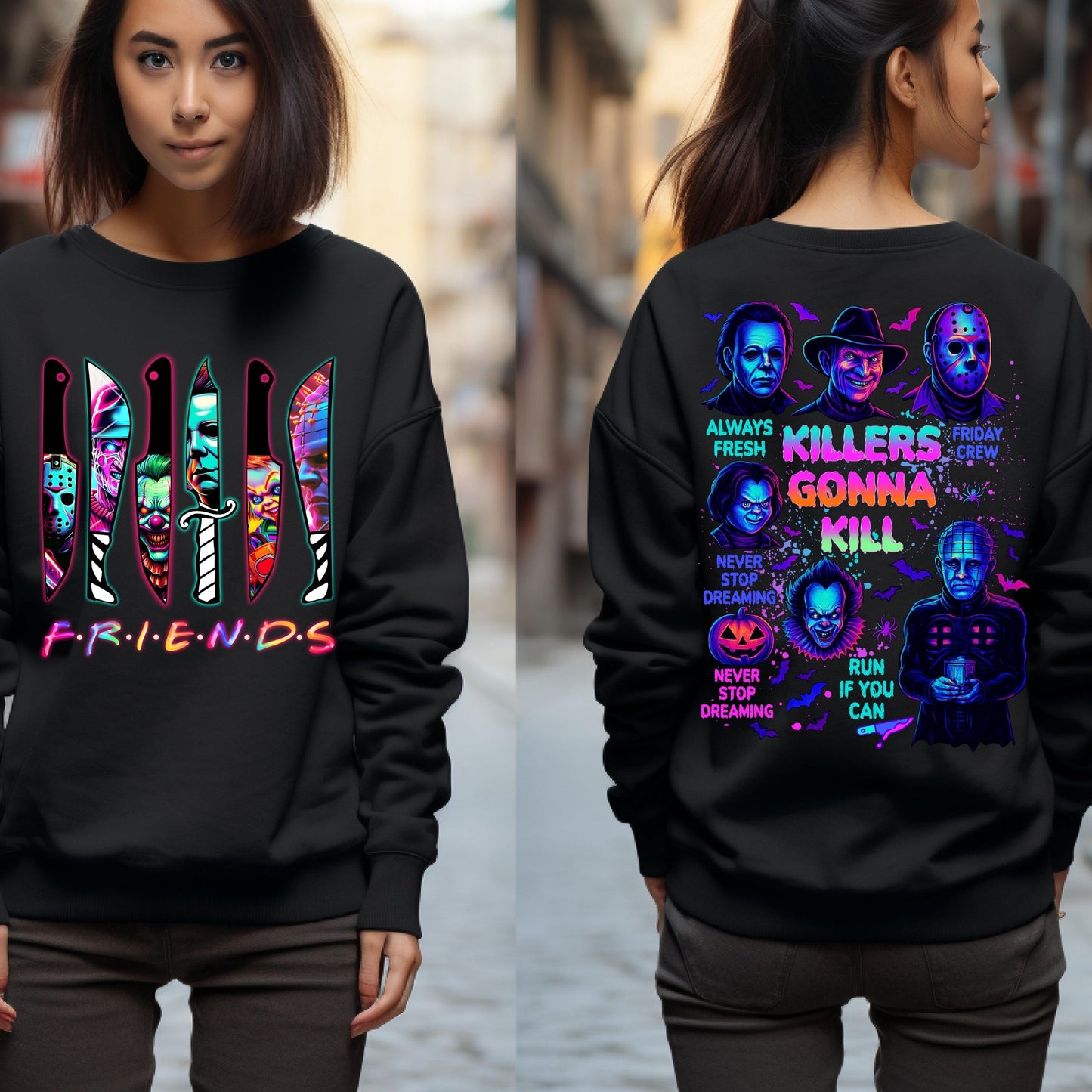 Halloween Spooky Neon Sweatshirt, Horror Friends sweatshirt, Halloween Horror Characters Sweatshirt, Horror Movies  sweatshirt, Scary Movies sweatshirt