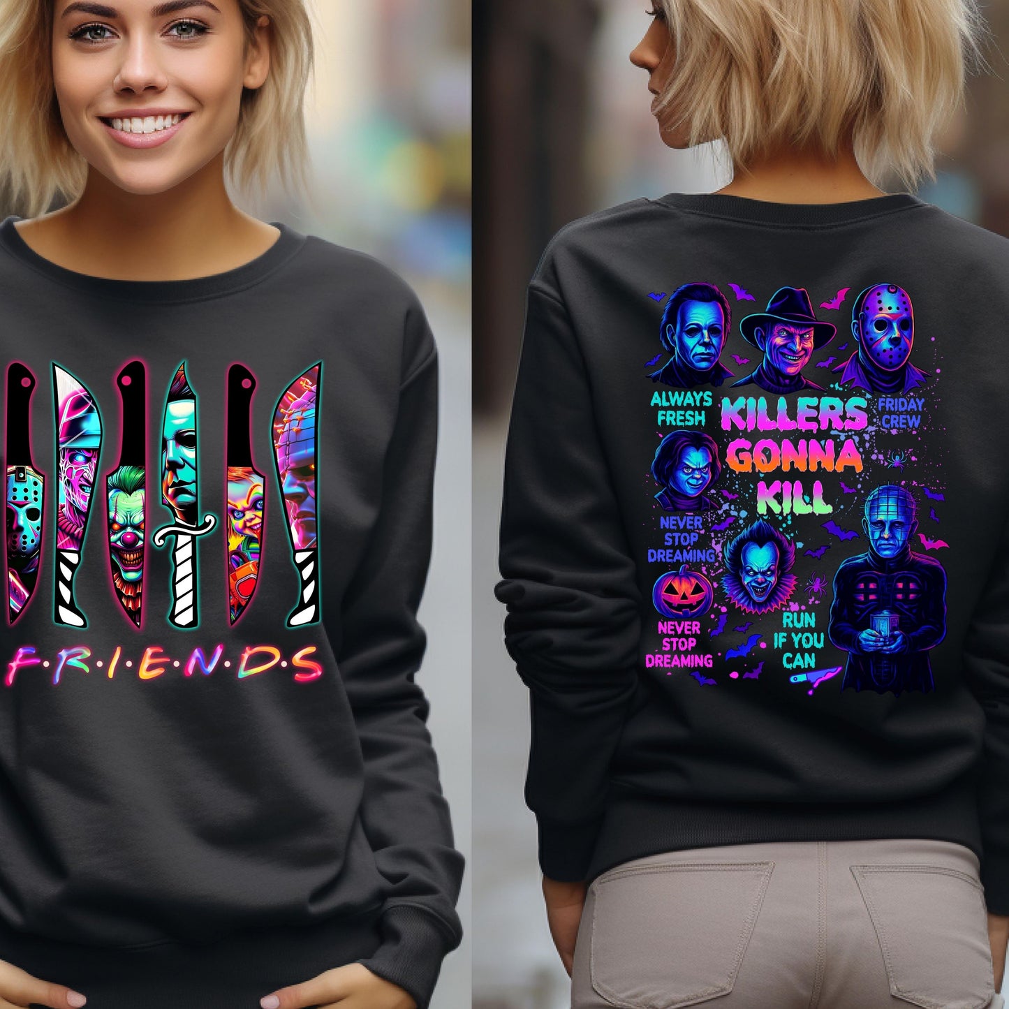 Halloween Spooky Neon Sweatshirt, Horror Friends sweatshirt, Halloween Horror Characters Sweatshirt, Horror Movies  sweatshirt, Scary Movies sweatshirt