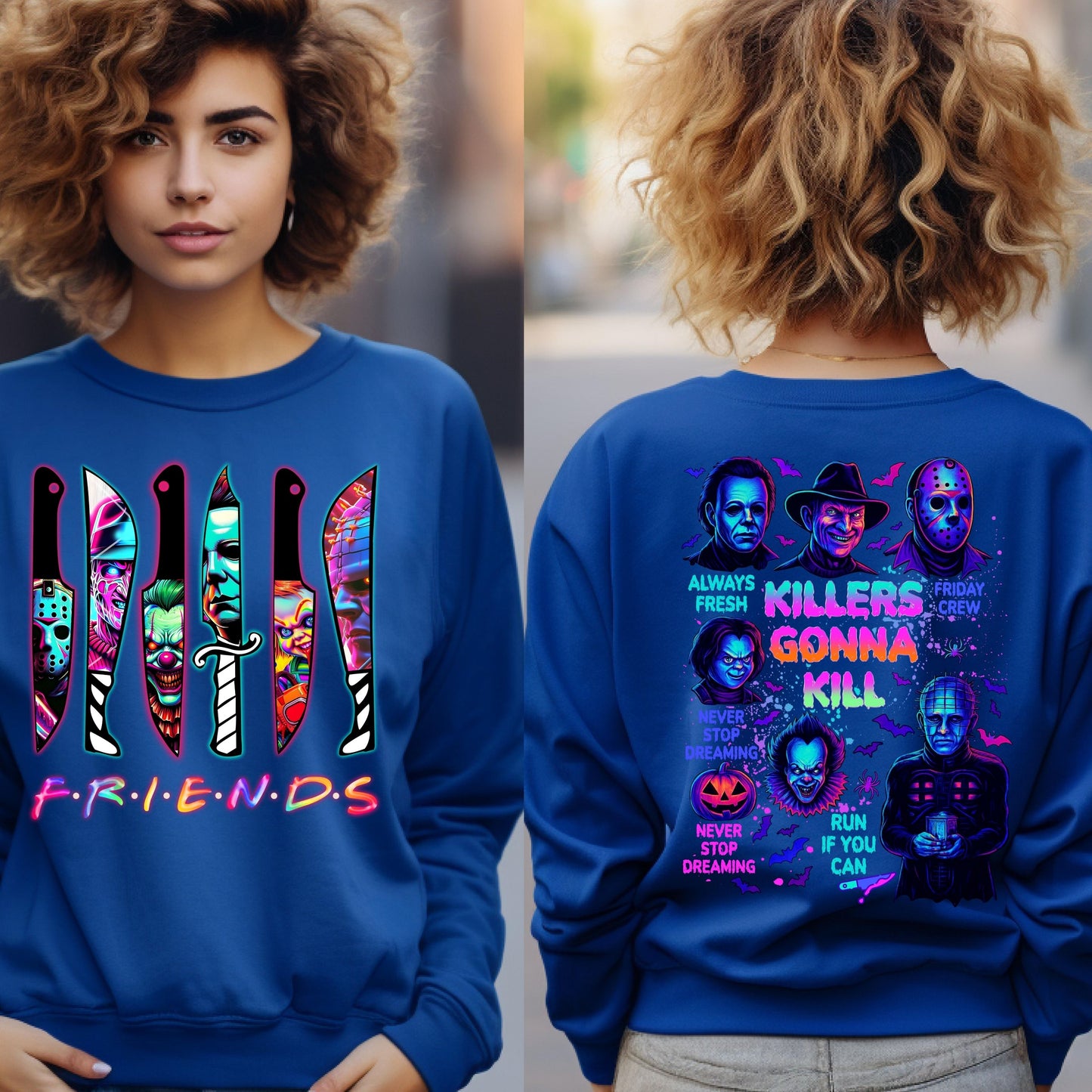 Halloween Spooky Neon Sweatshirt, Horror Friends sweatshirt, Halloween Horror Characters Sweatshirt, Horror Movies  sweatshirt, Scary Movies sweatshirt