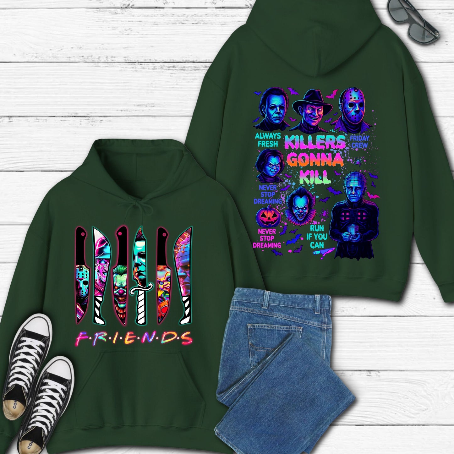 Halloween Spooky Neon Hoodie, Horror Friends Hoodie, Halloween Horror Characters Hoodie, Horror Movies  Hoodie, Scary Movies Hoodie
