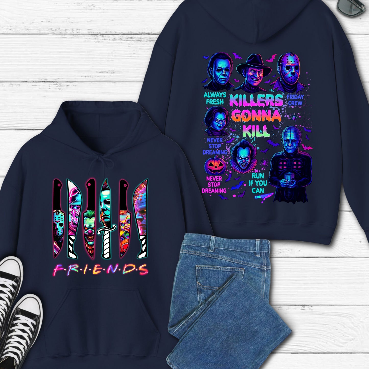 Halloween Spooky Neon Hoodie, Horror Friends Hoodie, Halloween Horror Characters Hoodie, Horror Movies  Hoodie, Scary Movies Hoodie