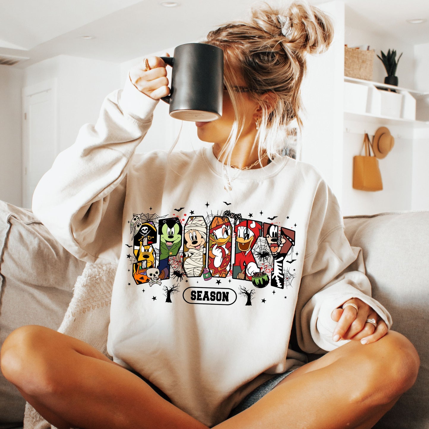 Retro Spooky Season Sweatshirt, Halloween Cartoon Mouse And Friends Character Sweatshirt,   Trendy Horror Halloween Sweatshirt, Halloween Movie Friends Sweatshirt