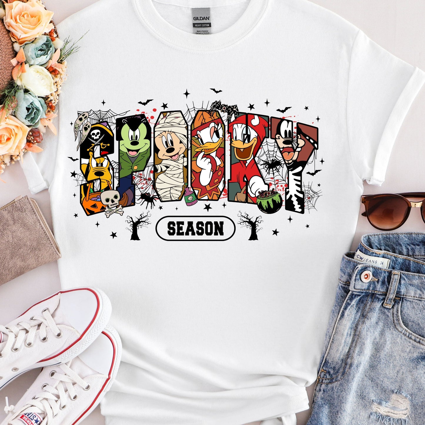 Retro Spooky Season Shirt, Halloween Cartoon Mouse And Friends Character T-Shirt,   Trendy Horror Halloween Shirt, Halloween Movie Friends T-Shirt