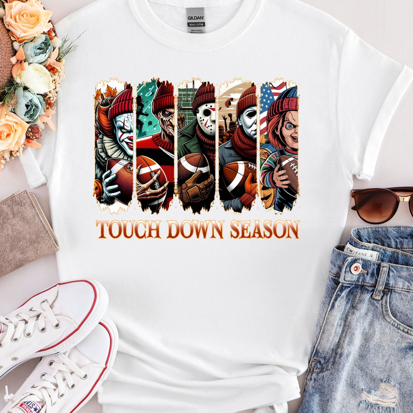 Touch Down Season T-Shirt, Football Season Shirt, Horror Characters Movie shirt, Football Horror Halloween T-Shirt