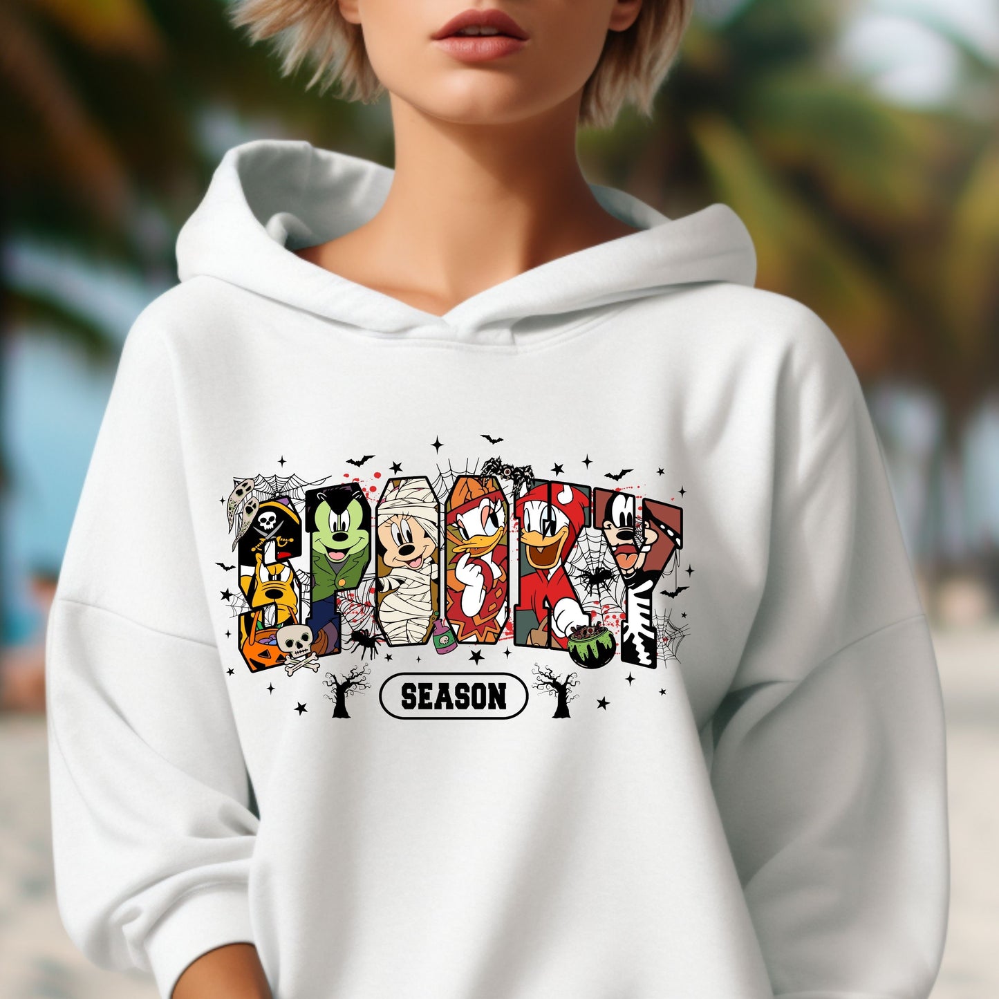 Retro Spooky Season Hoodie, Halloween Cartoon Mouse And Friends Character Hoodie,   Trendy Horror Halloween Hoodie, Halloween Movie Friends Hoodie
