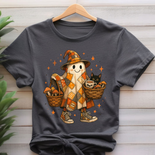 Halloween Ghost Shirt, Patchwork Ghost Shirt, Cottagecore Halloween Shirt,   Rustic Halloween Ghost shirt, Black Cat shirt
