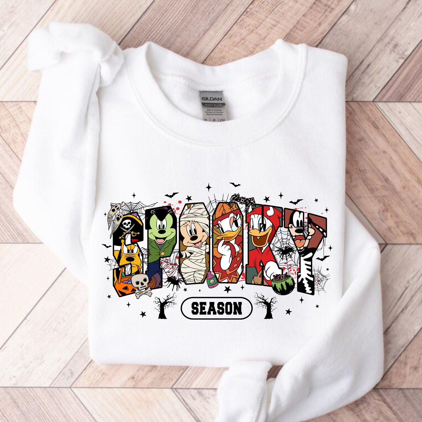 Retro Spooky Season Sweatshirt, Halloween Cartoon Mouse And Friends Character Sweatshirt,   Trendy Horror Halloween Sweatshirt, Halloween Movie Friends Sweatshirt