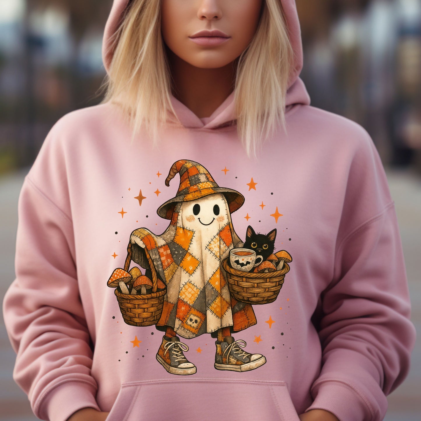 Halloween Ghost Hoodie, Patchwork Ghost Hoodie, Cottagecore Halloween Hoodie,   Rustic Halloween Ghost hoodie, Black Cat hoodie