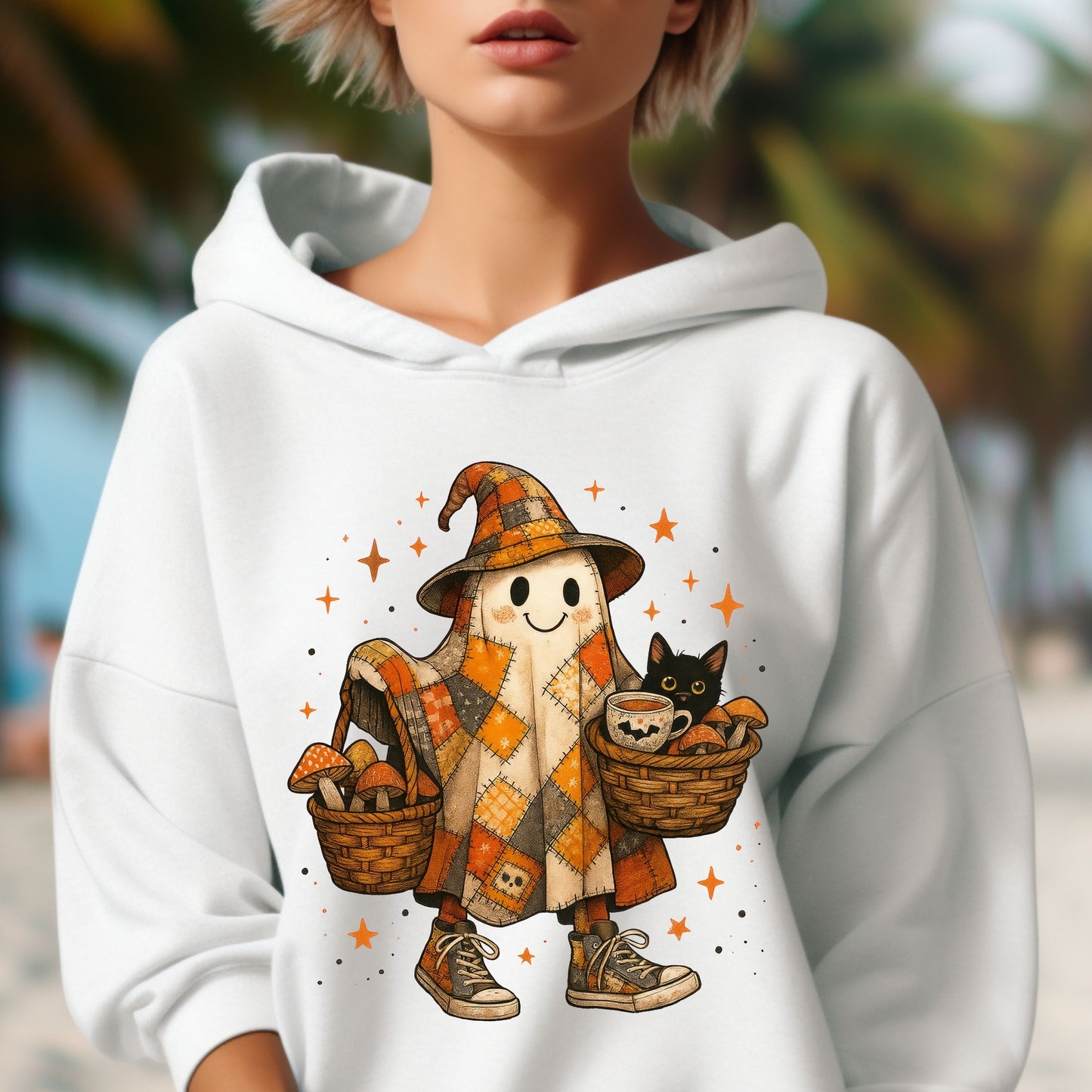 Halloween Ghost Hoodie, Patchwork Ghost Hoodie, Cottagecore Halloween Hoodie,   Rustic Halloween Ghost hoodie, Black Cat hoodie