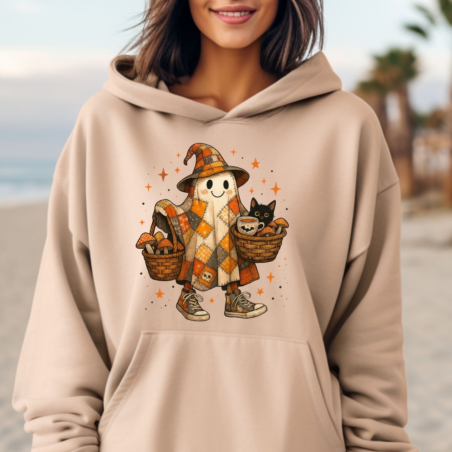 Halloween Ghost Hoodie, Patchwork Ghost Hoodie, Cottagecore Halloween Hoodie,   Rustic Halloween Ghost hoodie, Black Cat hoodie