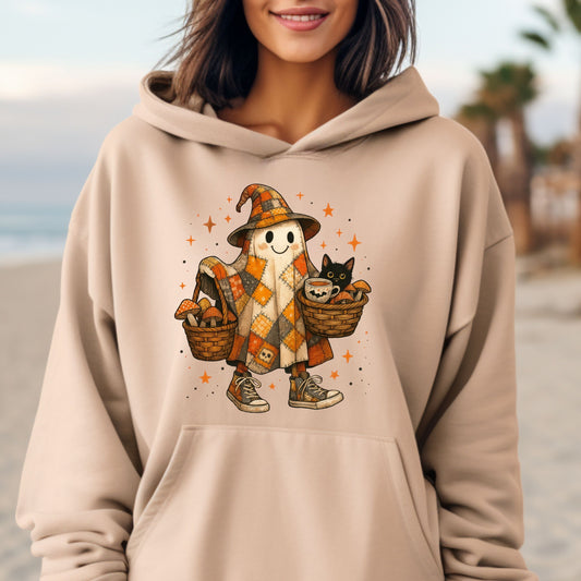 Halloween Ghost Hoodie, Patchwork Ghost Hoodie, Cottagecore Halloween Hoodie,   Rustic Halloween Ghost hoodie, Black Cat hoodie