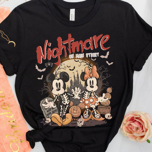Vintage Nightmare On Main Street T-Shirt, Mouse and Friends Skeleton Halloween Shirt,   Disniy Trip Halloween 2025 Shirt, Funny Halloween shirt
