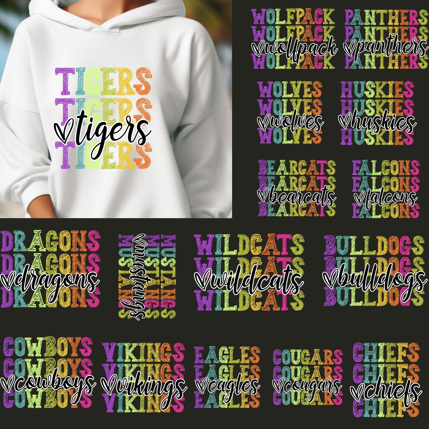 Neon Mascot Hoodie, Favorite Team Hoodie, School Spirit Mascot Hoodie, CUSTOM Mascot Team Name  Hoodie