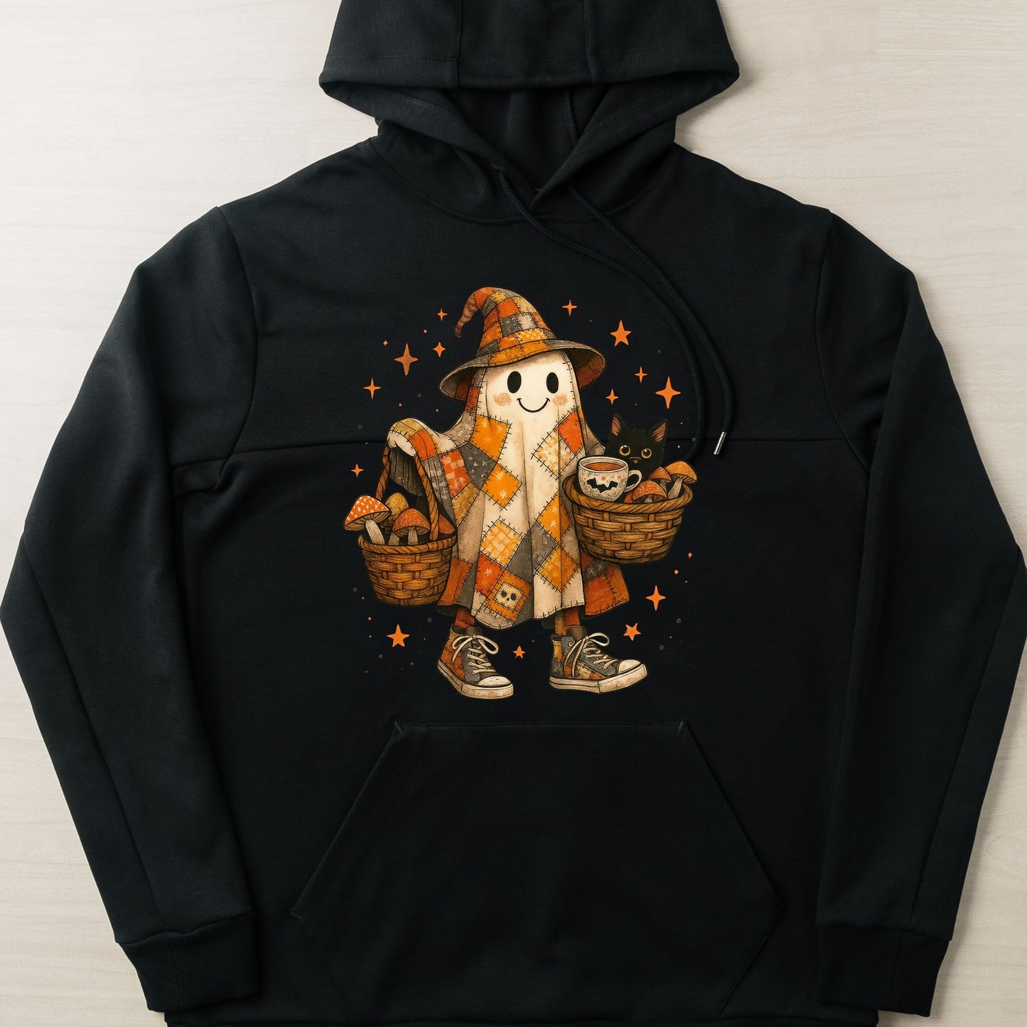 Halloween Ghost Hoodie, Patchwork Ghost Hoodie, Cottagecore Halloween Hoodie,   Rustic Halloween Ghost hoodie, Black Cat hoodie
