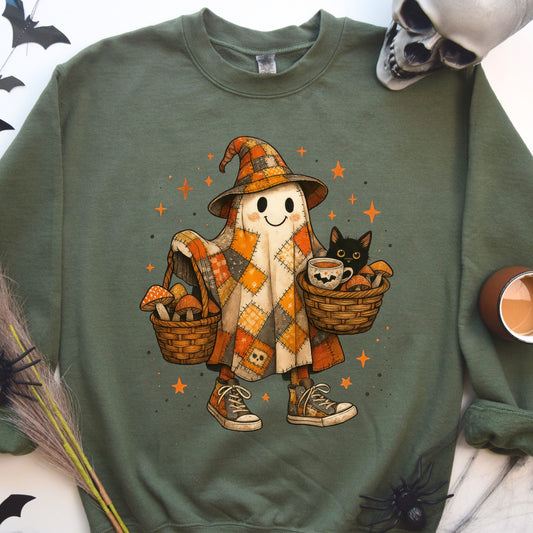 Halloween Ghost Sweatshirt, Patchwork Ghost Sweatshirt, Cottagecore Halloween Sweatshirt,   Rustic Halloween Ghost sweatshirt, Black Cat sweatshirt