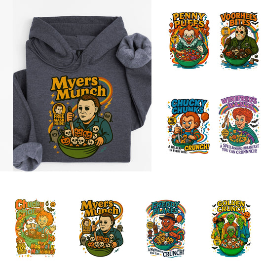 Funny Horror Character Cereal Hoodie, Cereal Killers Hoodie, Horror Movie Characters Hoodie,  Scary Movies hoodie Spooky Season