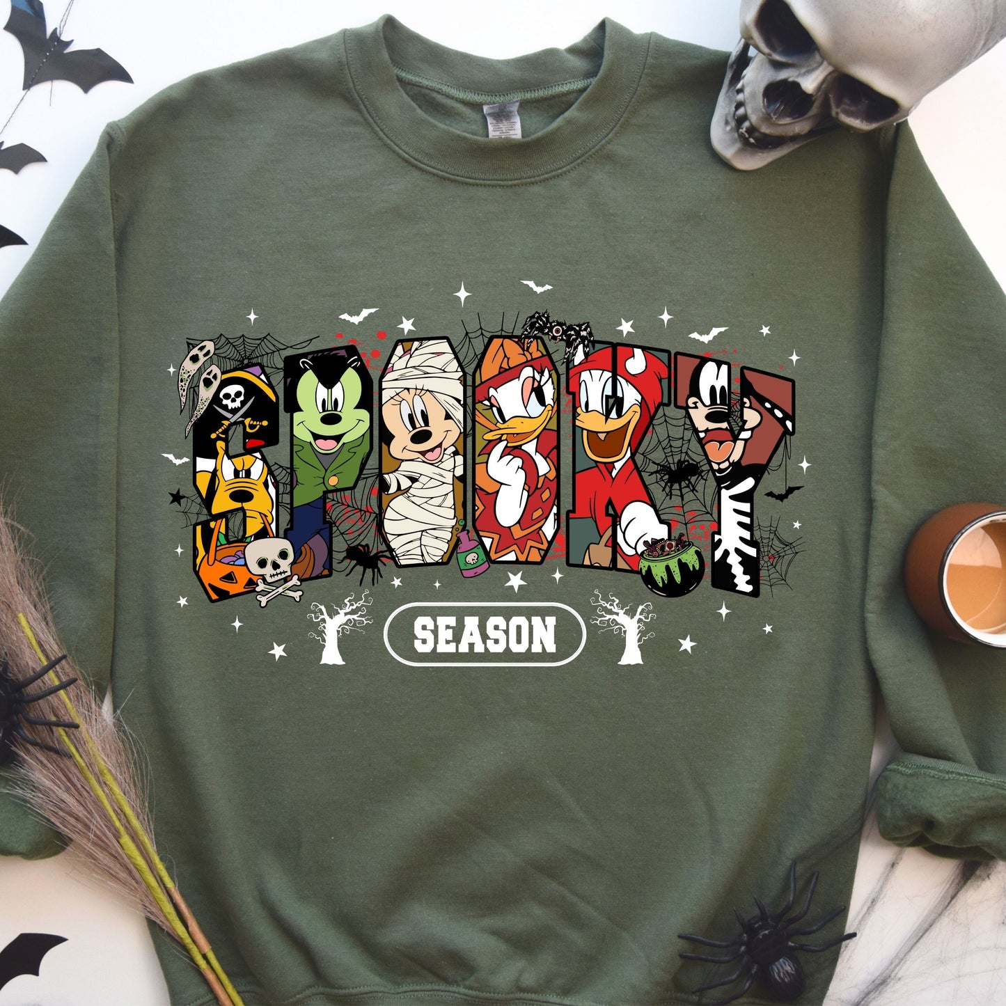 Retro Spooky Season Sweatshirt, Halloween Cartoon Mouse And Friends Character Sweatshirt,   Trendy Horror Halloween Sweatshirt, Halloween Movie Friends Sweatshirt