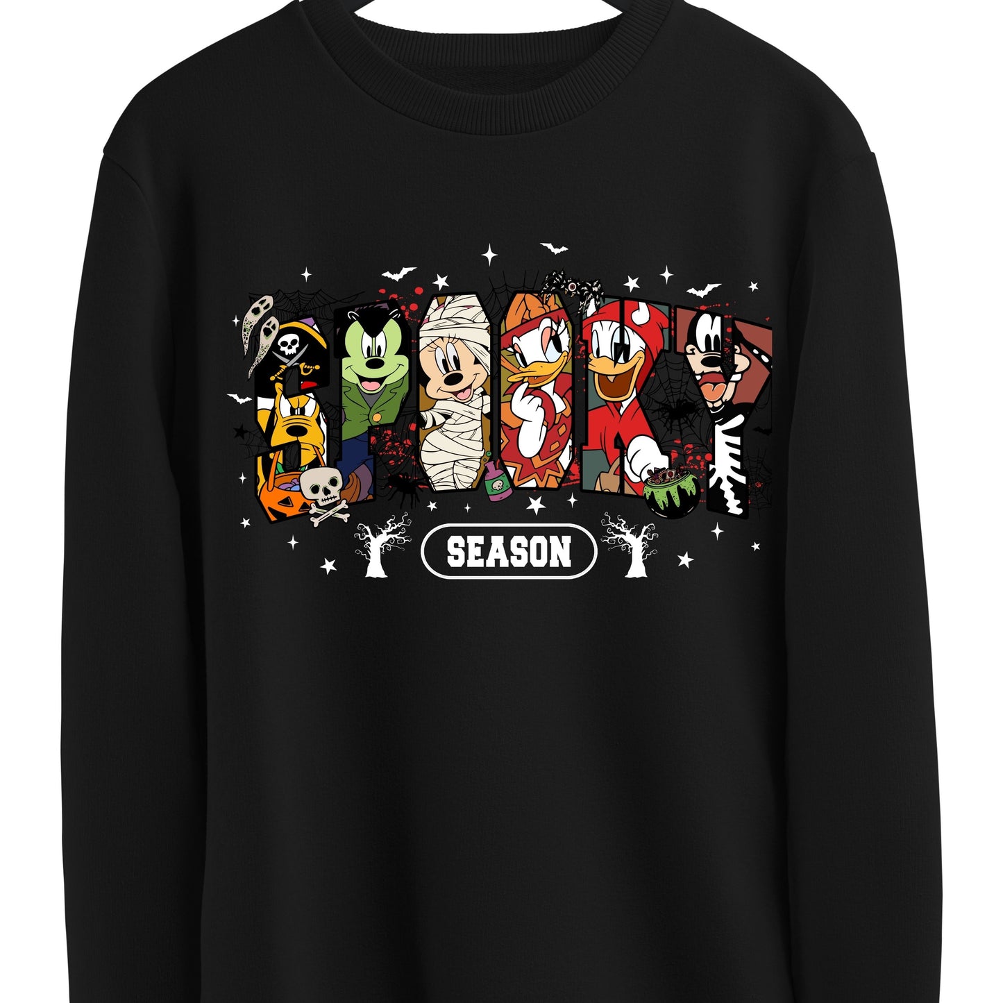 Retro Spooky Season Sweatshirt, Halloween Cartoon Mouse And Friends Character Sweatshirt,   Trendy Horror Halloween Sweatshirt, Halloween Movie Friends Sweatshirt
