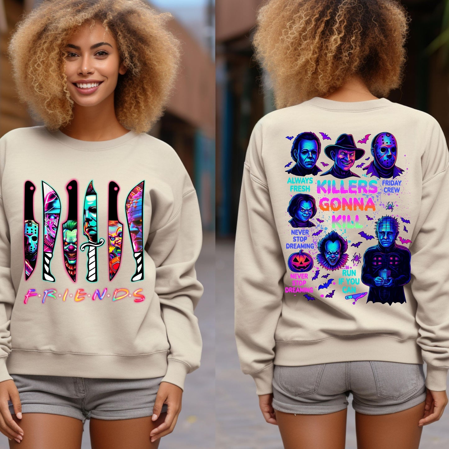 Halloween Spooky Neon Sweatshirt, Horror Friends sweatshirt, Halloween Horror Characters Sweatshirt, Horror Movies  sweatshirt, Scary Movies sweatshirt