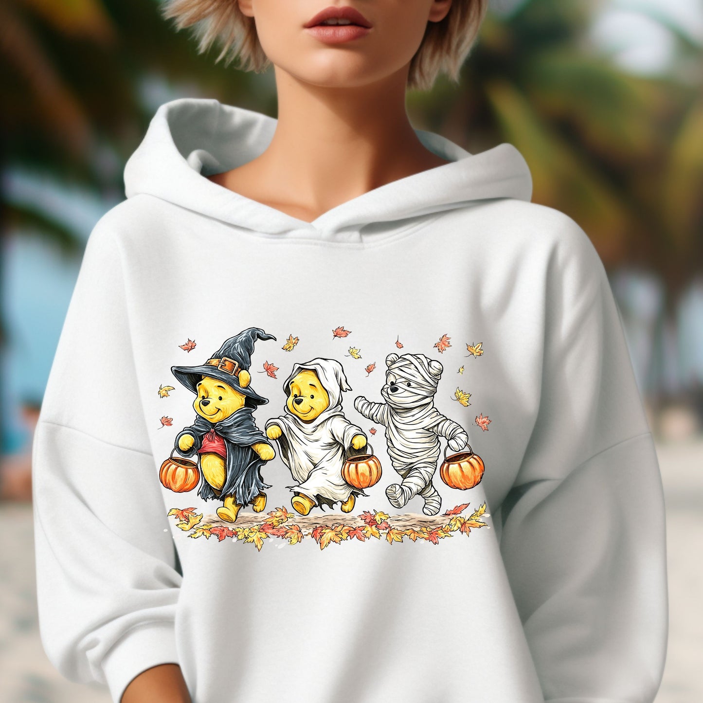 Retro Halloween Spooky Bear Hoodie, Cartoon Halloween Hoodie, Spooky Ghost Bear And Friends Hoodie,  Witch Honey Bear Halloween Hoodie