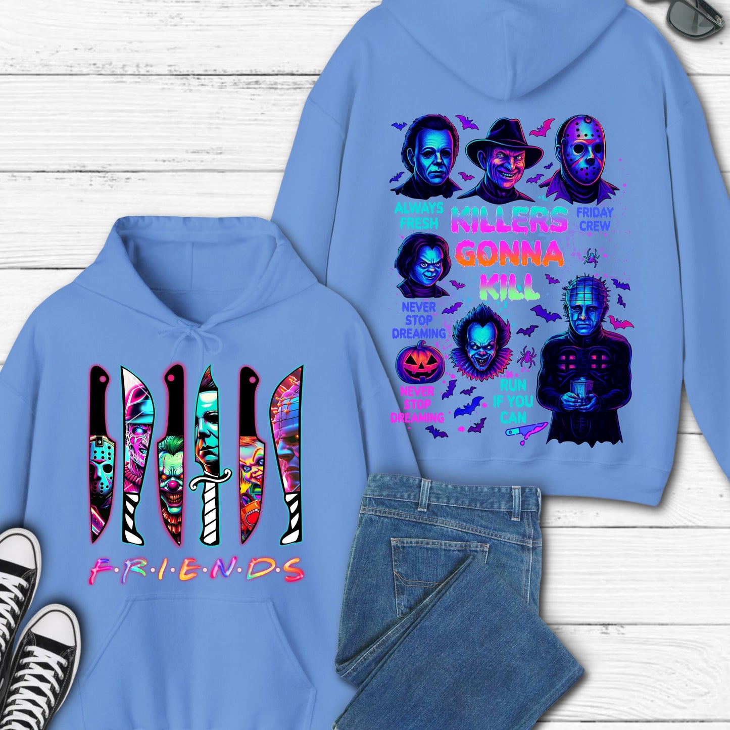 Halloween Spooky Neon Hoodie, Horror Friends Hoodie, Halloween Horror Characters Hoodie, Horror Movies  Hoodie, Scary Movies Hoodie
