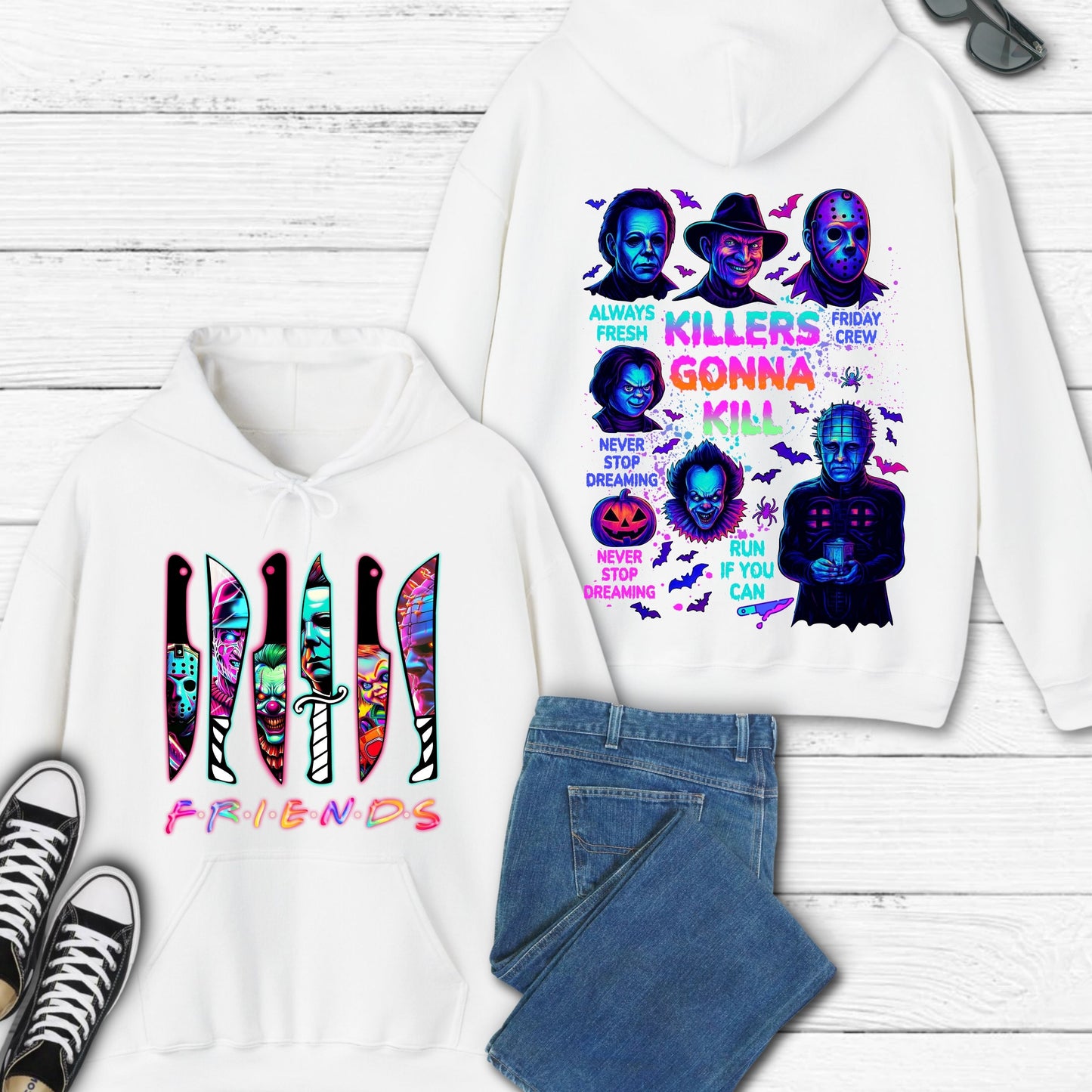 Halloween Spooky Neon Hoodie, Horror Friends Hoodie, Halloween Horror Characters Hoodie, Horror Movies  Hoodie, Scary Movies Hoodie