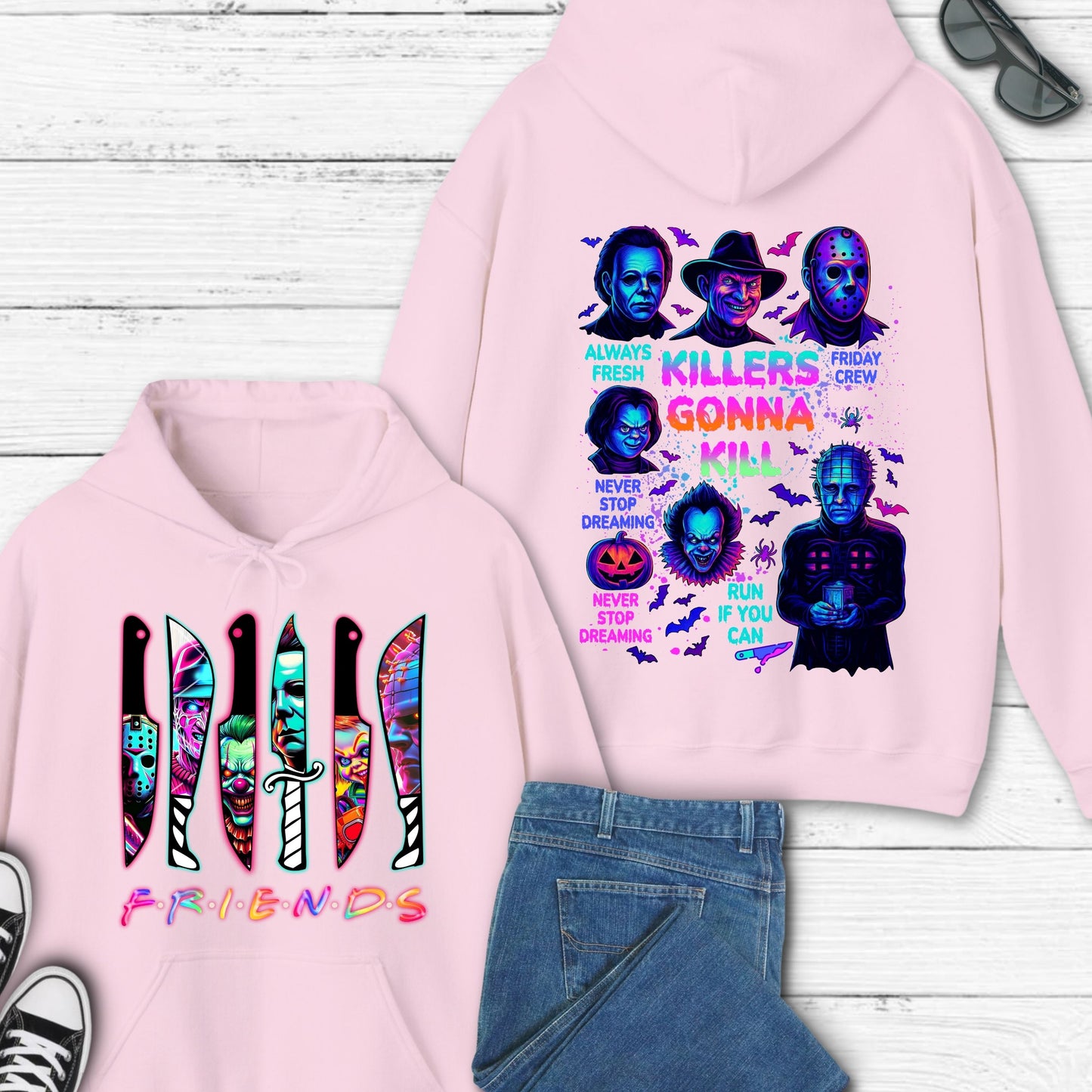 Halloween Spooky Neon Hoodie, Horror Friends Hoodie, Halloween Horror Characters Hoodie, Horror Movies  Hoodie, Scary Movies Hoodie