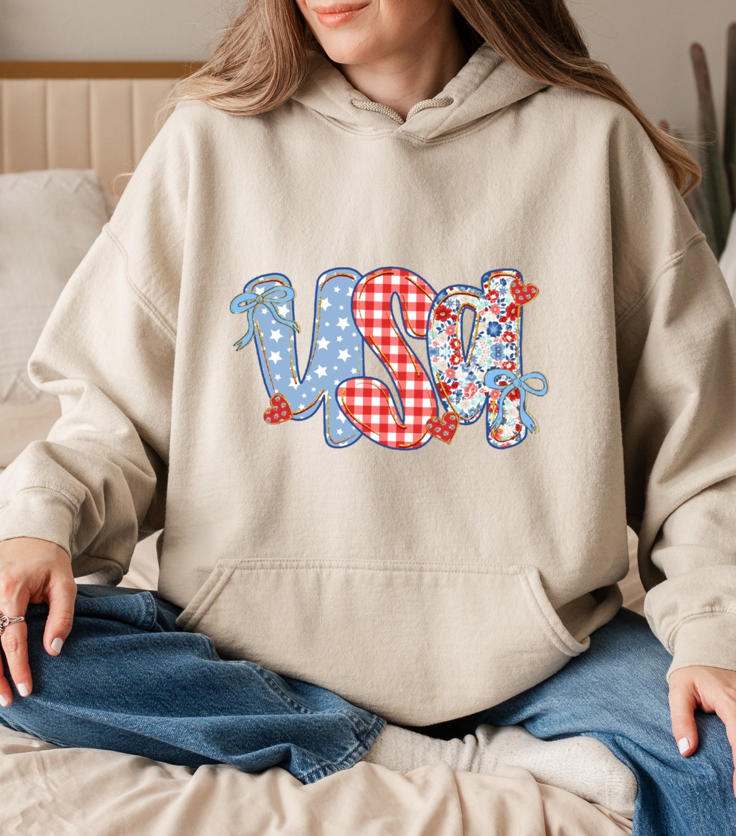 Coquette Floral USA Glitter Hoodie, Preppy America Floral hoodie, USA 1776, 4th Of July Stars Stripe hoodie, Girly America Coquette hoodie