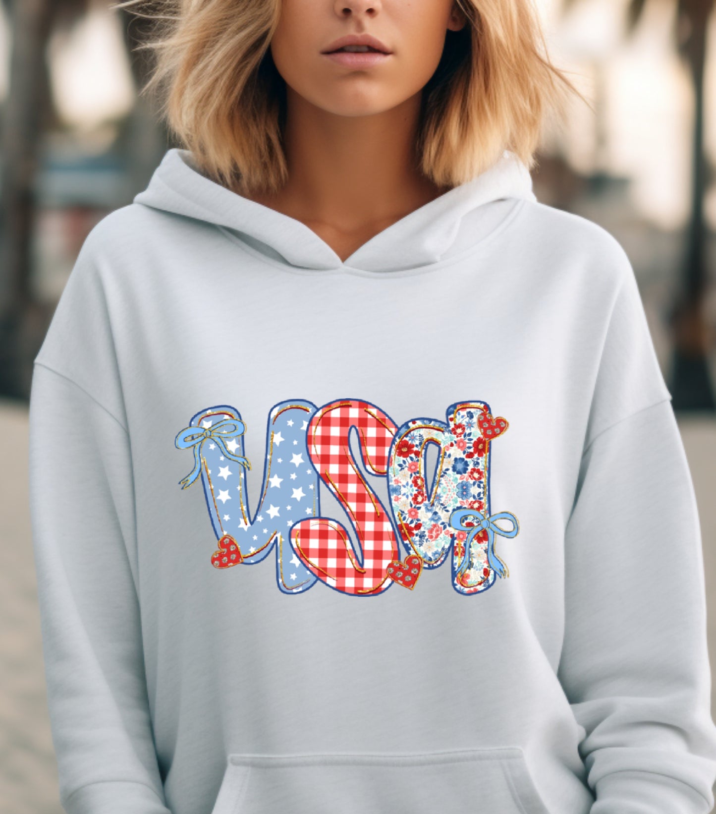 Coquette Floral USA Glitter Hoodie, Preppy America Floral hoodie, USA 1776, 4th Of July Stars Stripe hoodie, Girly America Coquette hoodie