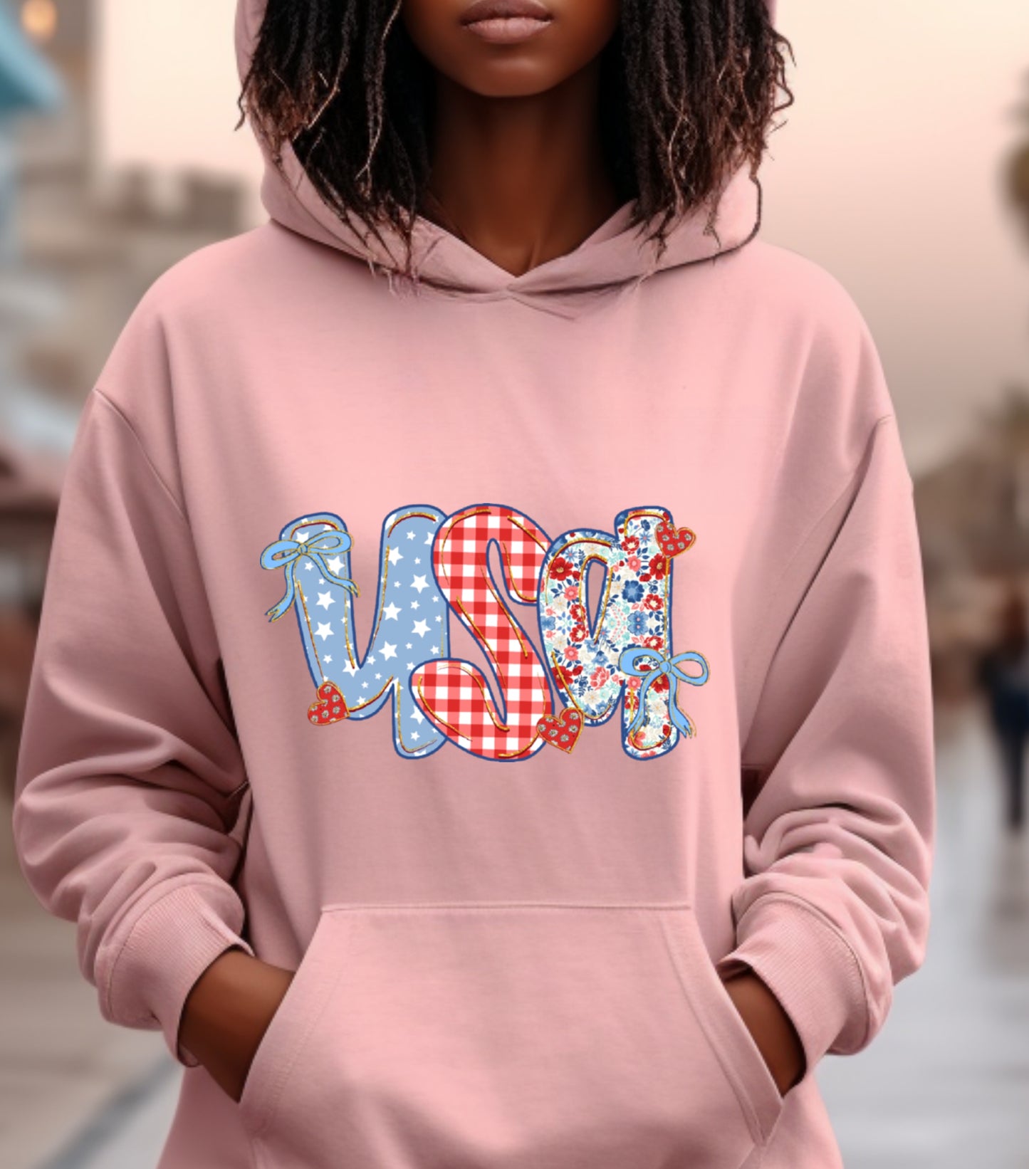 Coquette Floral USA Glitter Hoodie, Preppy America Floral hoodie, USA 1776, 4th Of July Stars Stripe hoodie, Girly America Coquette hoodie
