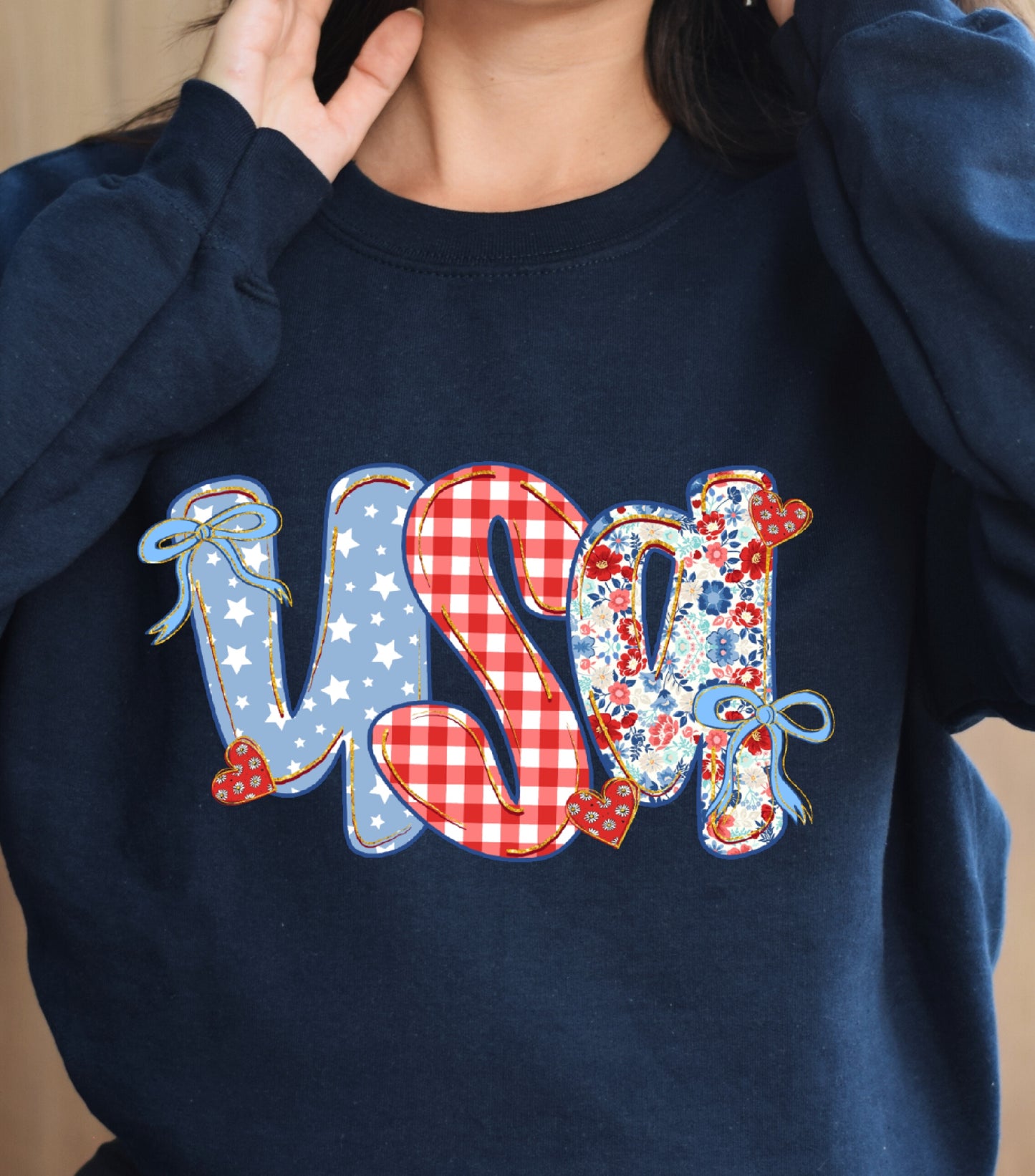 Coquette Floral USA Glitter Sweatshirt, Preppy America Floral sweatshirt, USA 1776, 4th Of July Stars Stripe sweatshirt, Girly America Coquette sweatshirt