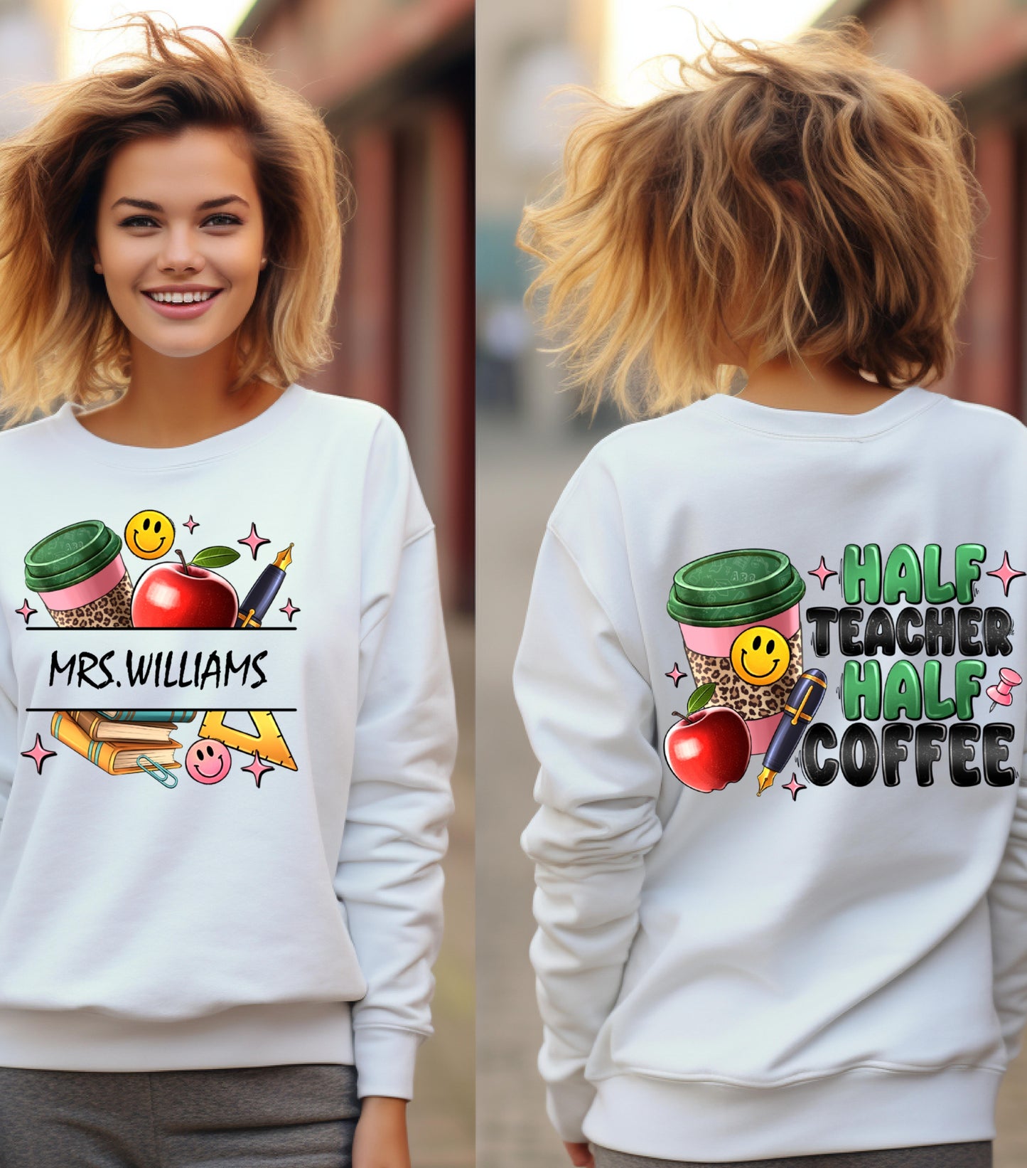 Half Teacher Half Coffee Sweatshirt, Custom Teacher Name Sweatshirt, Teacher Appreciation Gift Sweatshirt,  Teacher Coffee Custom Name Teacher Sweatshirt
