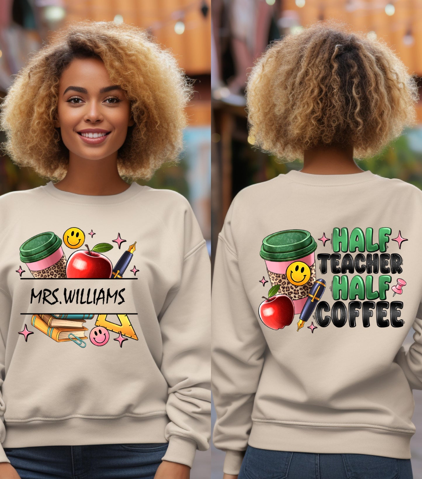 Half Teacher Half Coffee Sweatshirt, Custom Teacher Name Sweatshirt, Teacher Appreciation Gift Sweatshirt,  Teacher Coffee Custom Name Teacher Sweatshirt