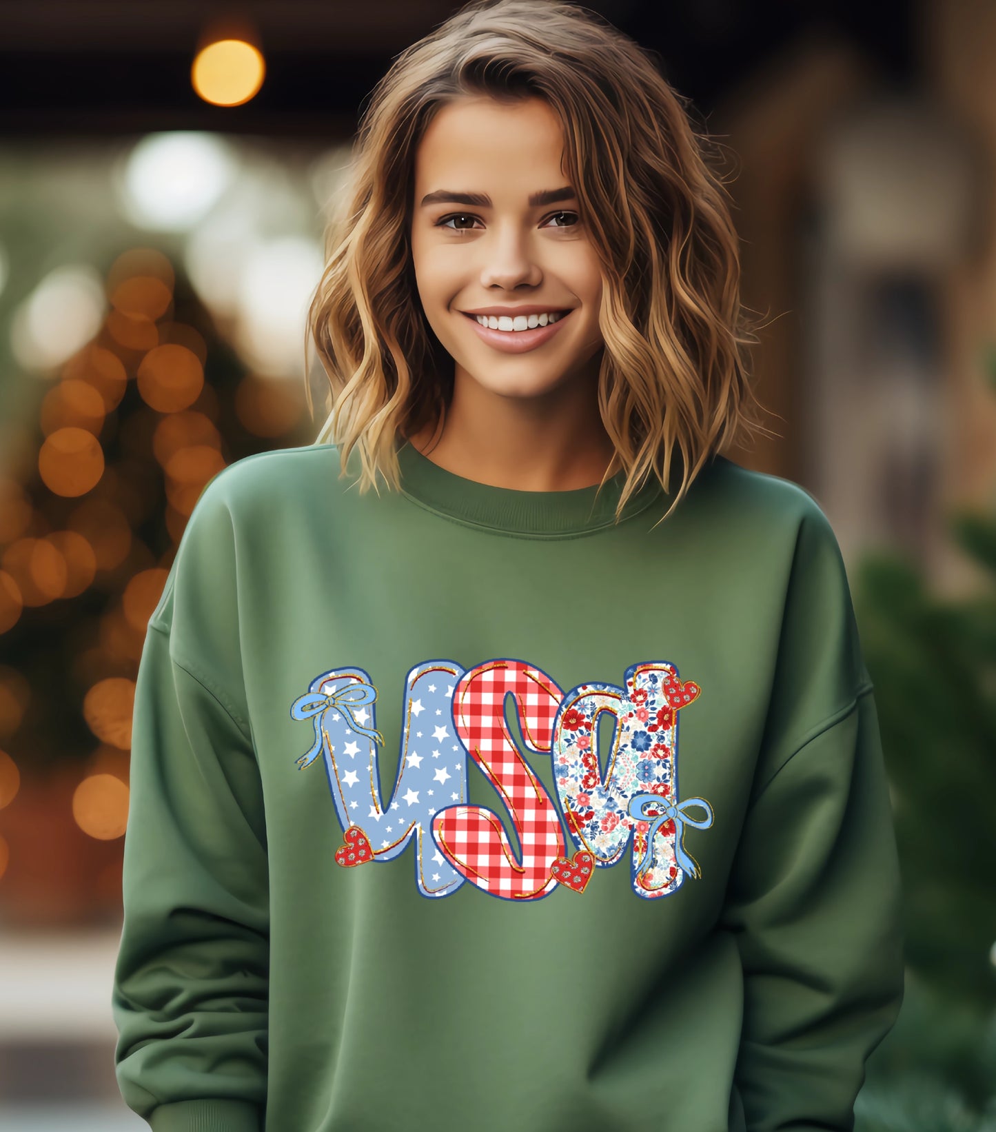 Coquette Floral USA Glitter Sweatshirt, Preppy America Floral sweatshirt, USA 1776, 4th Of July Stars Stripe sweatshirt, Girly America Coquette sweatshirt