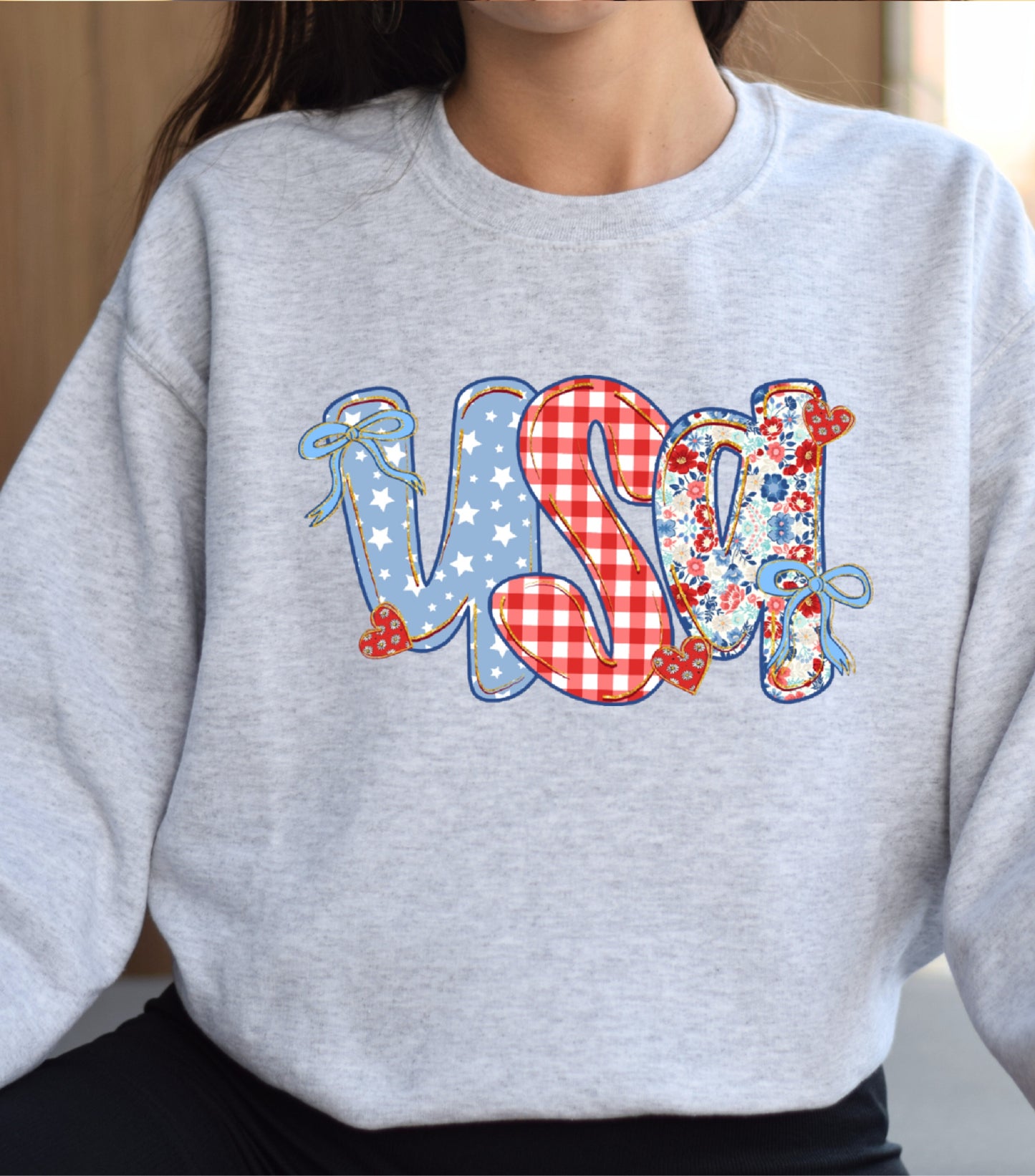 Coquette Floral USA Glitter Sweatshirt, Preppy America Floral sweatshirt, USA 1776, 4th Of July Stars Stripe sweatshirt, Girly America Coquette sweatshirt