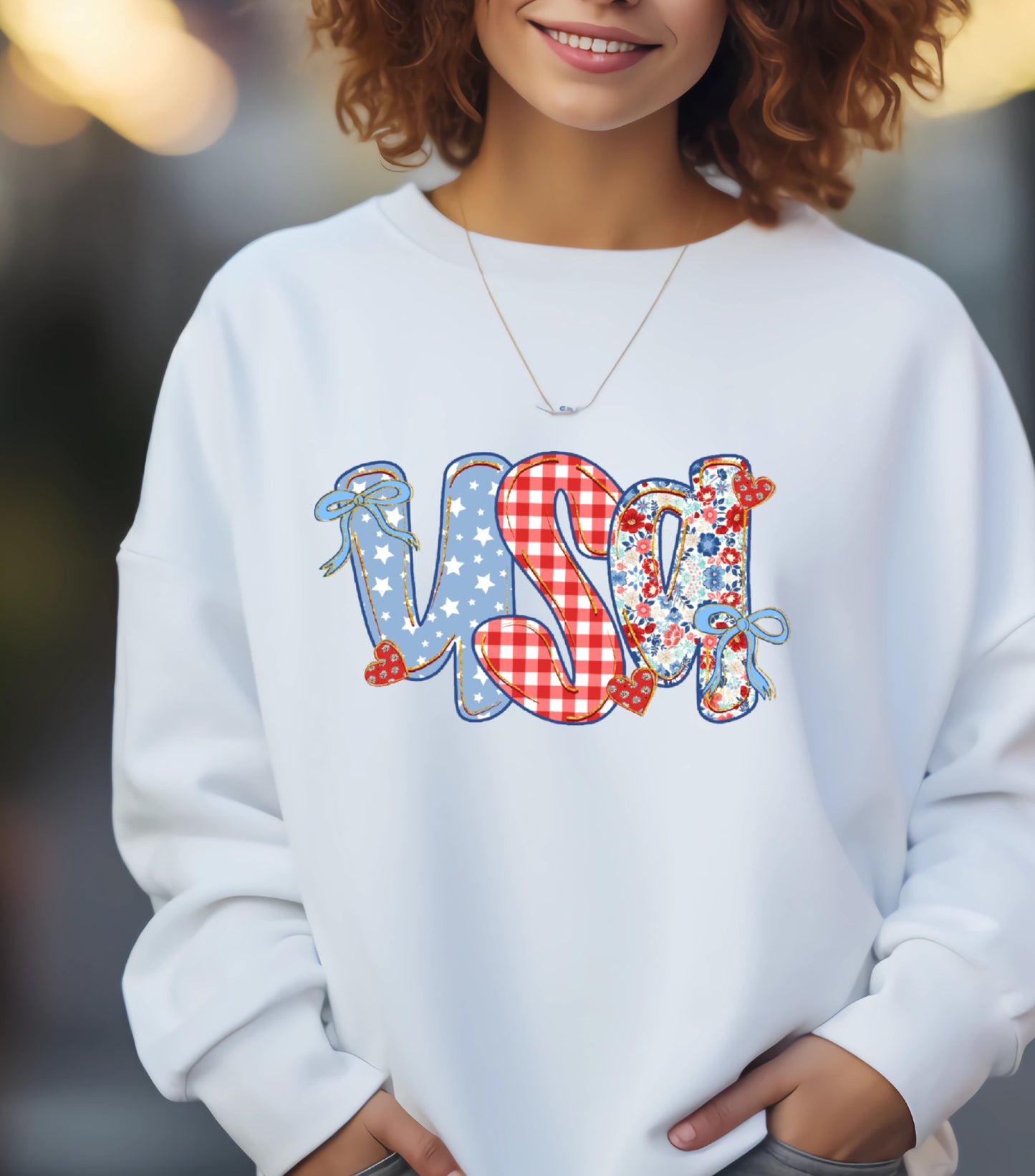 Coquette Floral USA Glitter Sweatshirt, Preppy America Floral sweatshirt, USA 1776, 4th Of July Stars Stripe sweatshirt, Girly America Coquette sweatshirt