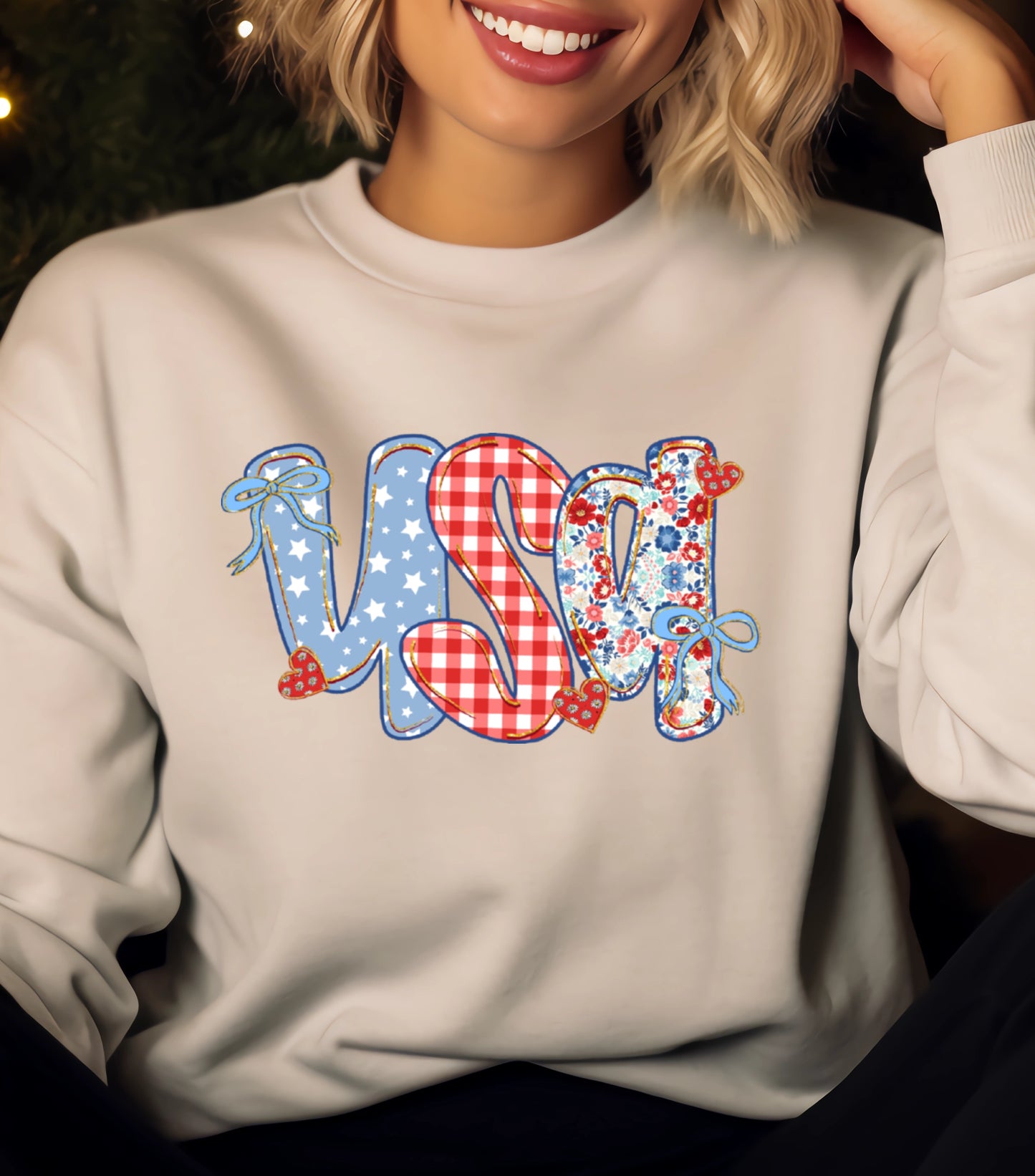 Coquette Floral USA Glitter Sweatshirt, Preppy America Floral sweatshirt, USA 1776, 4th Of July Stars Stripe sweatshirt, Girly America Coquette sweatshirt