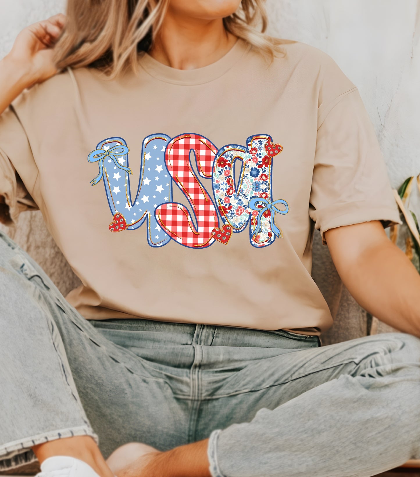 Coquette Floral USA Glitter Shirt, Preppy America Floral shirt, USA 1776, 4th Of July Stars Stripe shirt, Girly America Coquette shirt