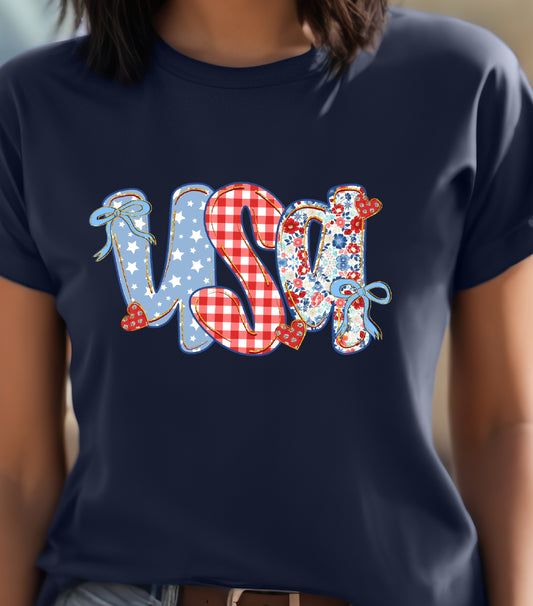 Coquette Floral USA Glitter Shirt, Preppy America Floral shirt, USA 1776, 4th Of July Stars Stripe shirt, Girly America Coquette shirt