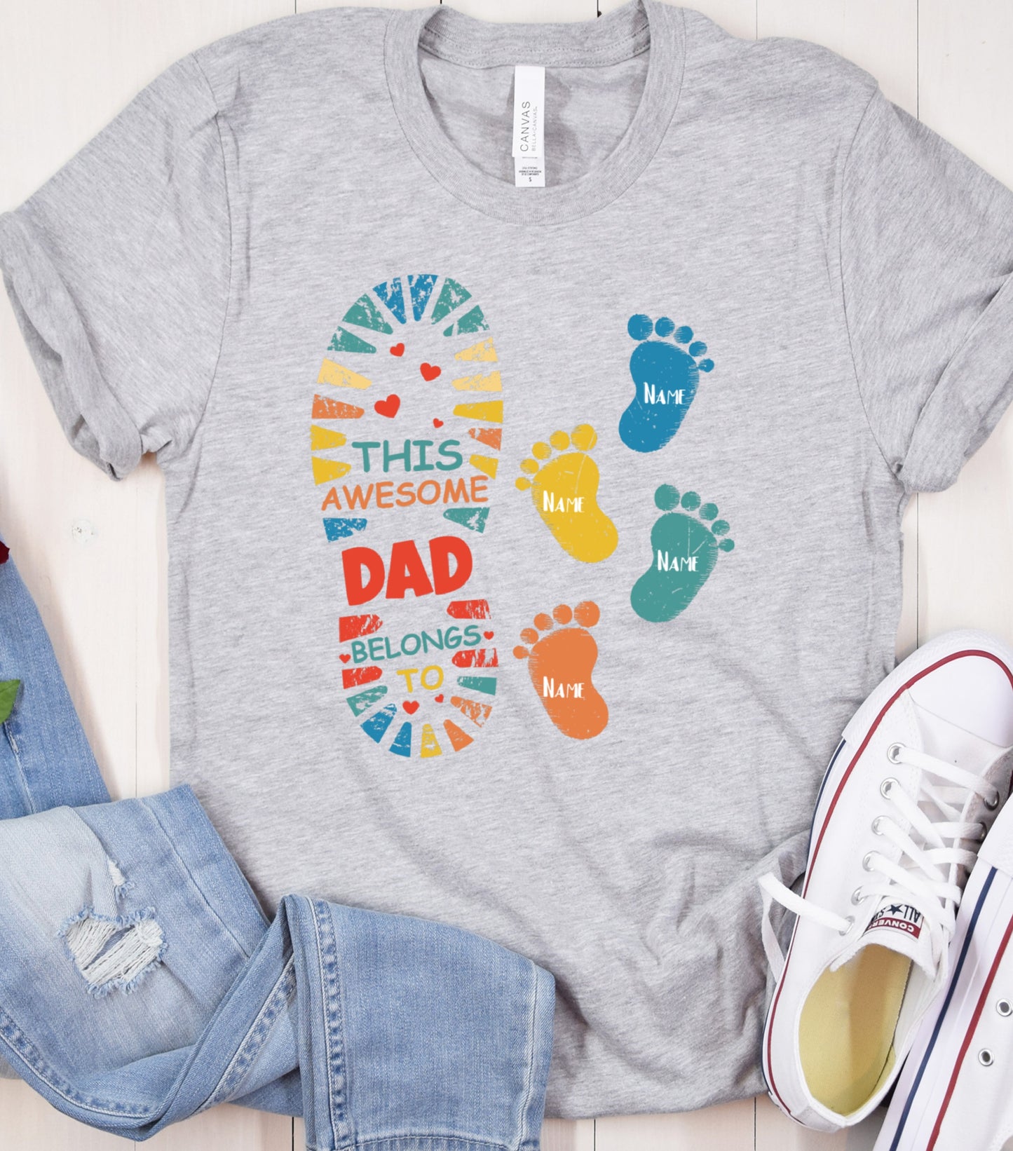 Personalized This Awesome Dad Belongs To Shirt, Father's Day shirt, Dad Son Foot shirt,  Custom Dad With Kid Names, Dad Lover shirt, Footprint shirt