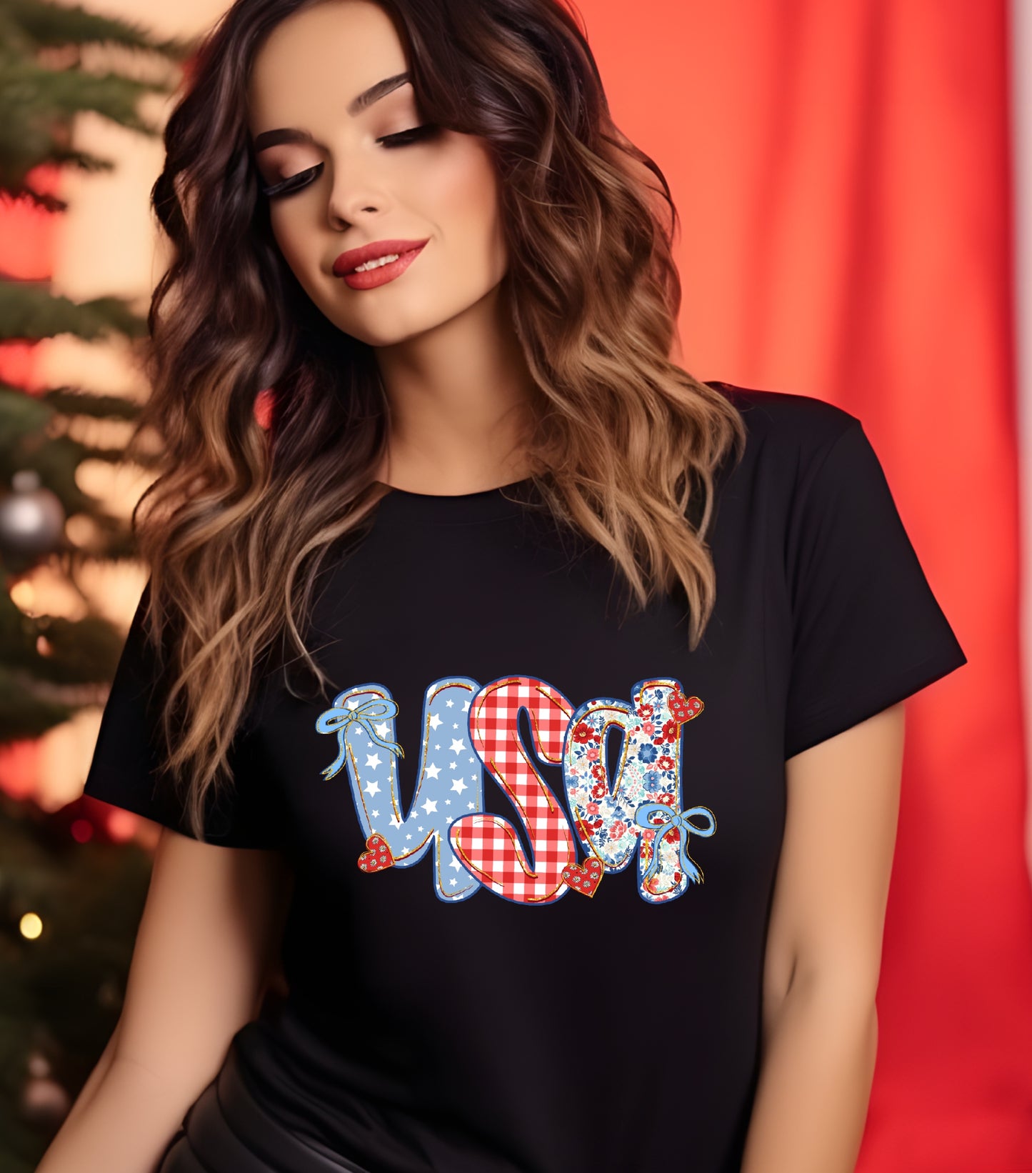 Coquette Floral USA Glitter Shirt, Preppy America Floral shirt, USA 1776, 4th Of July Stars Stripe shirt, Girly America Coquette shirt