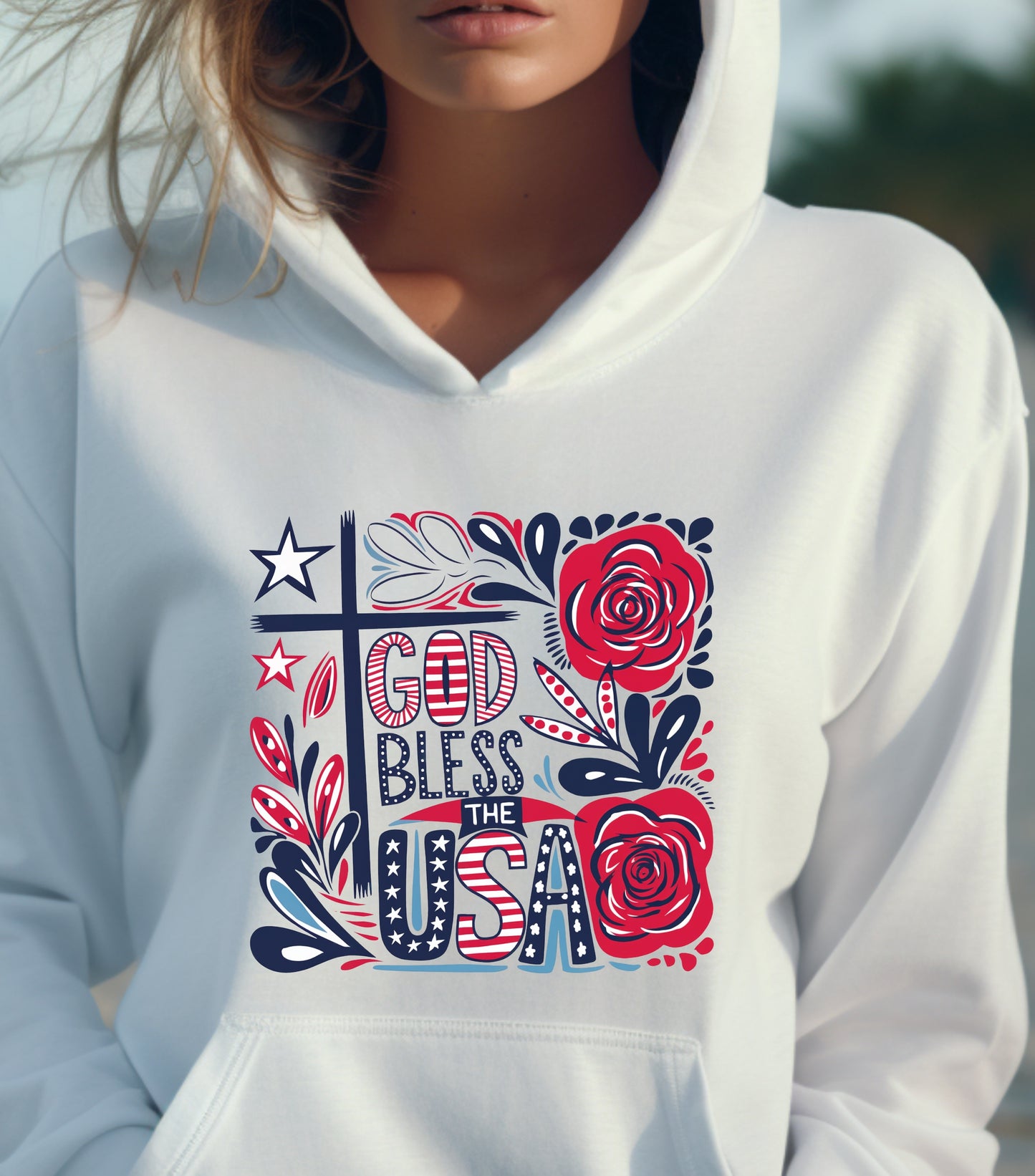 God Bless America Patriotic Hoodie, 4th Of July Hoodie, Independence Day Hoodie,  Flower 4th of july hoodie