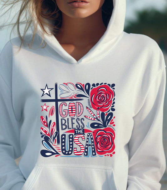 God Bless America Patriotic Hoodie, 4th Of July Hoodie, Independence Day Hoodie,  Flower 4th of july hoodie