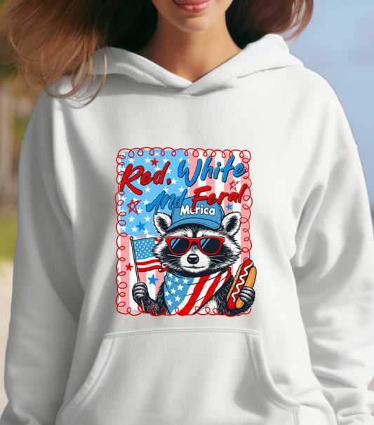 Red White And Feral Hoodie, Funny USA Hoodie, Funny Raccoon Hoodie,  Hotdog Raccoon Hoodie,  Merica Hoodie