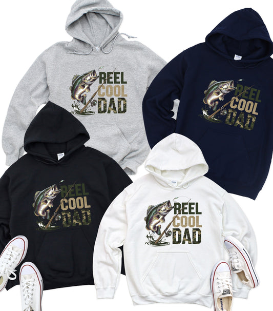 Retro Reel Cool Dad Hoodie, Wishin' I Was Fishin' Hoodie, Fishing Dad Hoodie,   Bass Fishing Hoodie, Dad Birthday Gift Hoodie