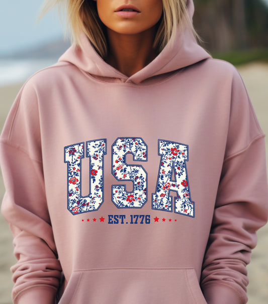 America Patriotic Hoodie, 4th Of July Hoodie, Independence Day Hoodie,  Flower 4th of july hoodie