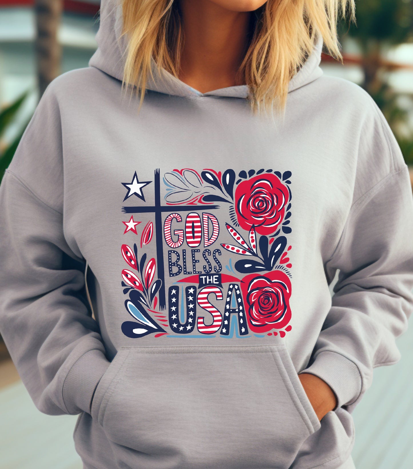 God Bless America Patriotic Hoodie, 4th Of July Hoodie, Independence Day Hoodie,  Flower 4th of july hoodie